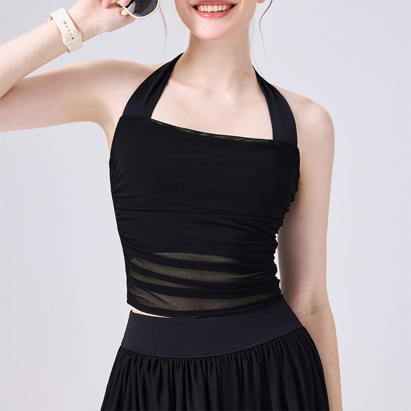 Halter Mesh Crop Tank Top Backless Slim Fit Sleeveless Shirt - Black