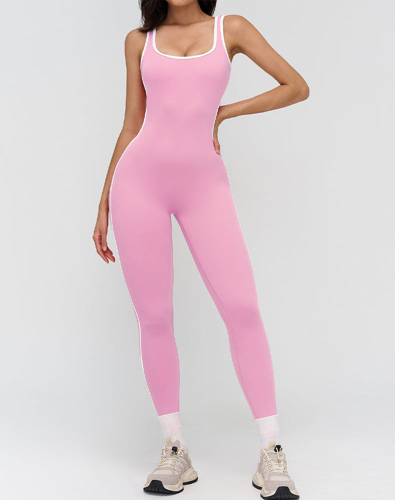 Backless One Piece Yoga Jumpsuit Contrast Trim Unitard