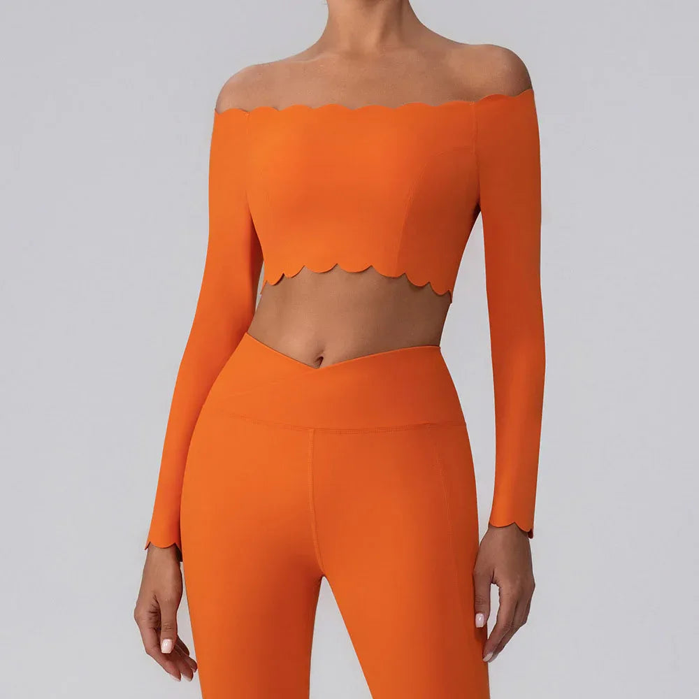 Off Shoulder Crop Tops Long Sleeve Shirt with Removable Cups - Orange Red