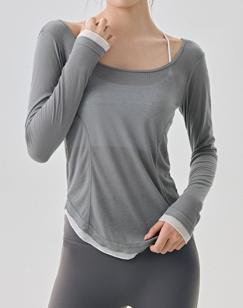 Slim Fit Contrasting Color Long Sleeves Mesh Yoga Shirt