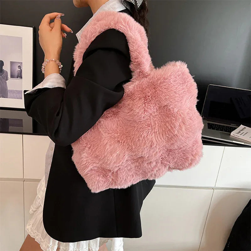 Fluffy Tote Bag Large Fur Winter Fuzzy Shoulder Handbag -