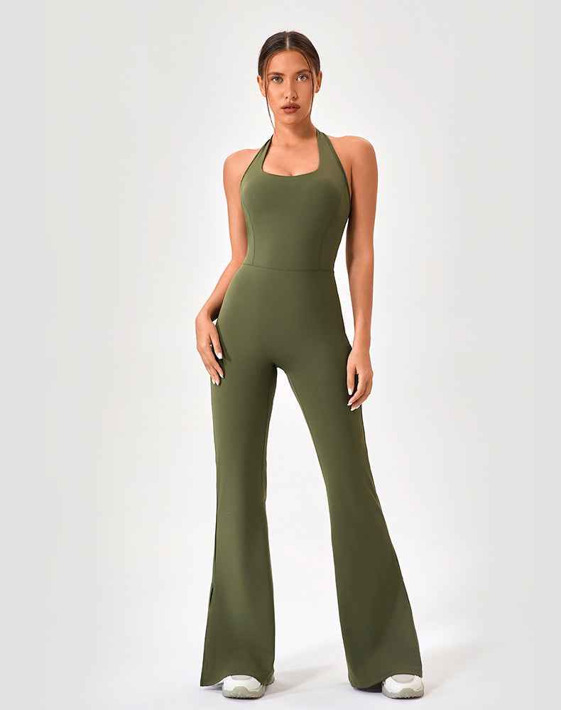 Halter Neck Flare Jumpsuit One Piece Side Split Yoga Rompers