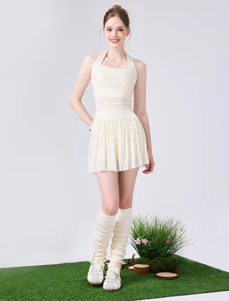 Mesh Tennis Sets with Halter Neck Crop Tank Top and Skirt - Milk White