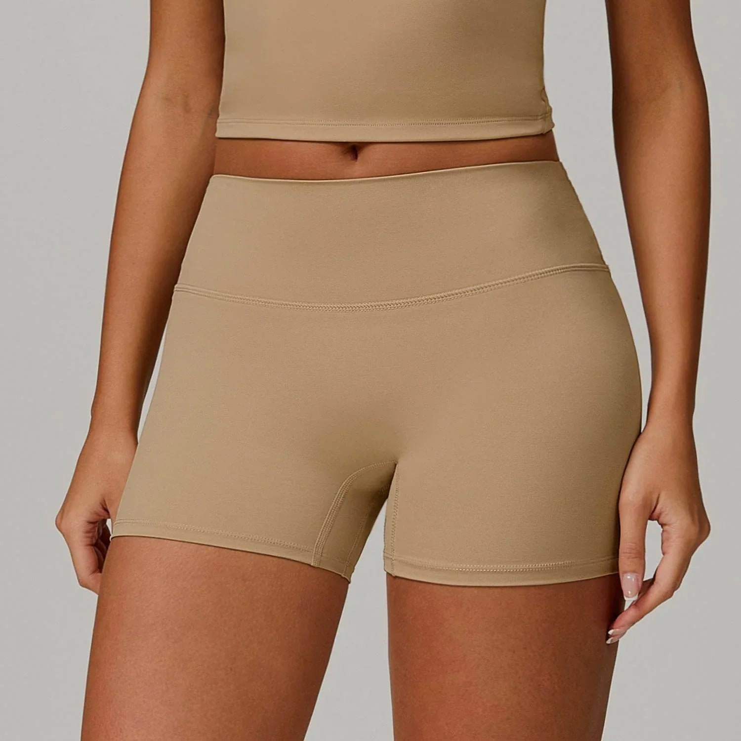 No Front Seam High Waist Biker Shorts - Khaki