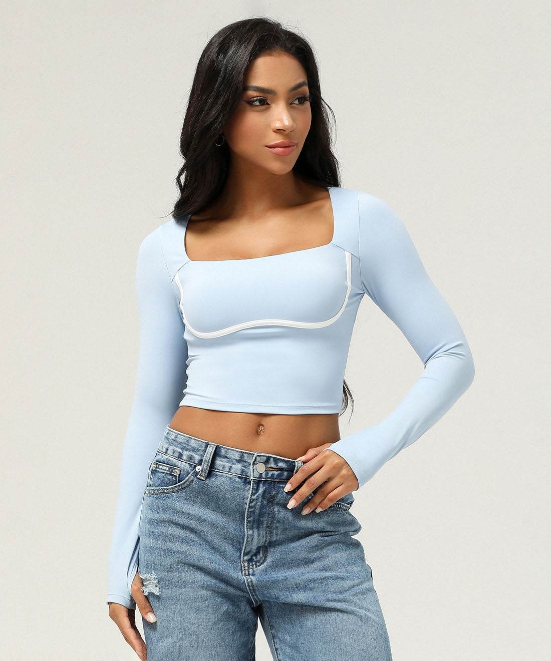 Square Neck Long Sleeve Slim Fitted Crop T-Shirt