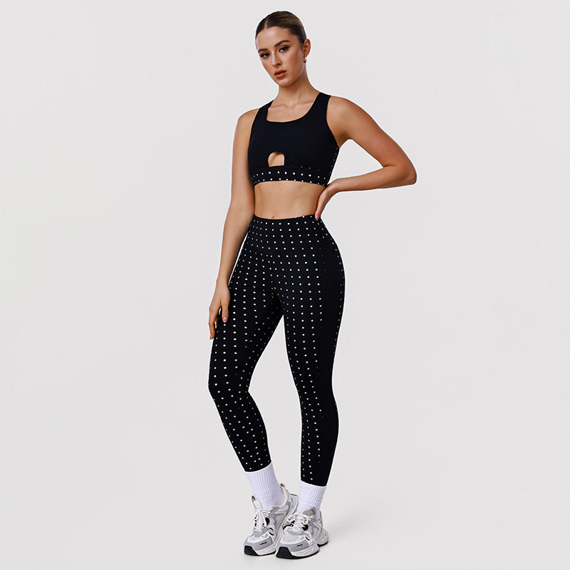 White Polka Dot Black Activewear Set with Bra and Legging