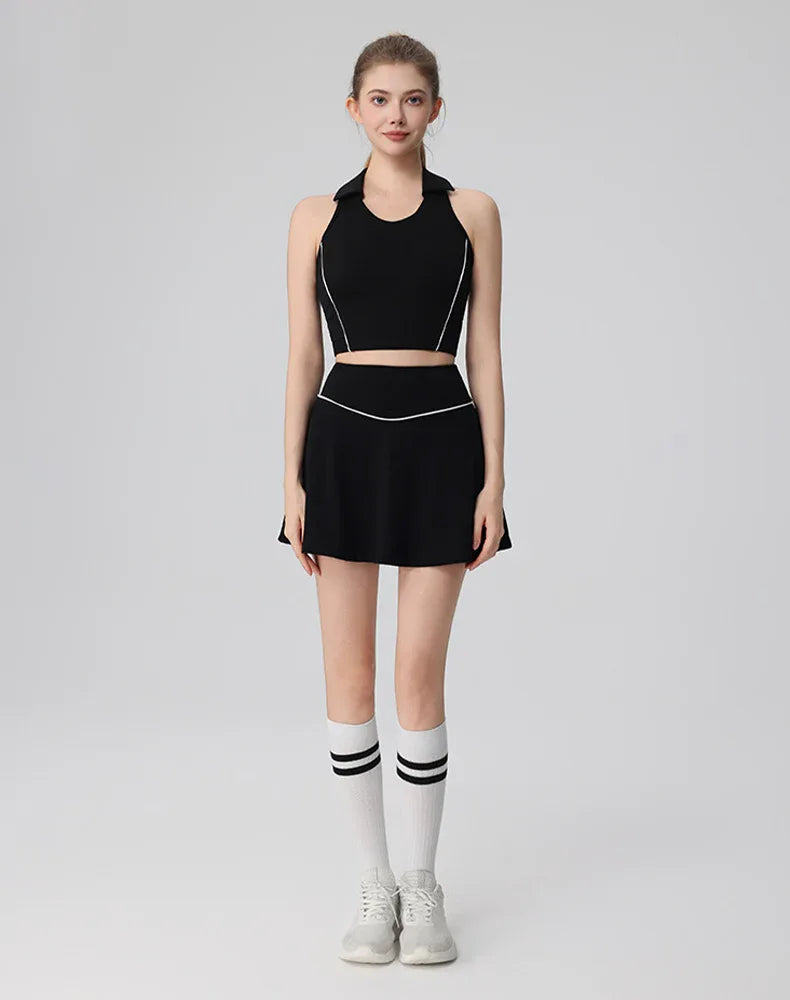 Tennis Sets with Polo Collared Crop Tank Top and Golf Skirt - Black