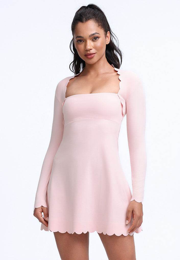 Scalloped Wavy Edge Long Sleeve Tennis Dress - Pink