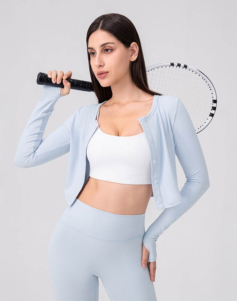 Long Sleeve Button Up Cropped Cardigan Crew Neck Tops