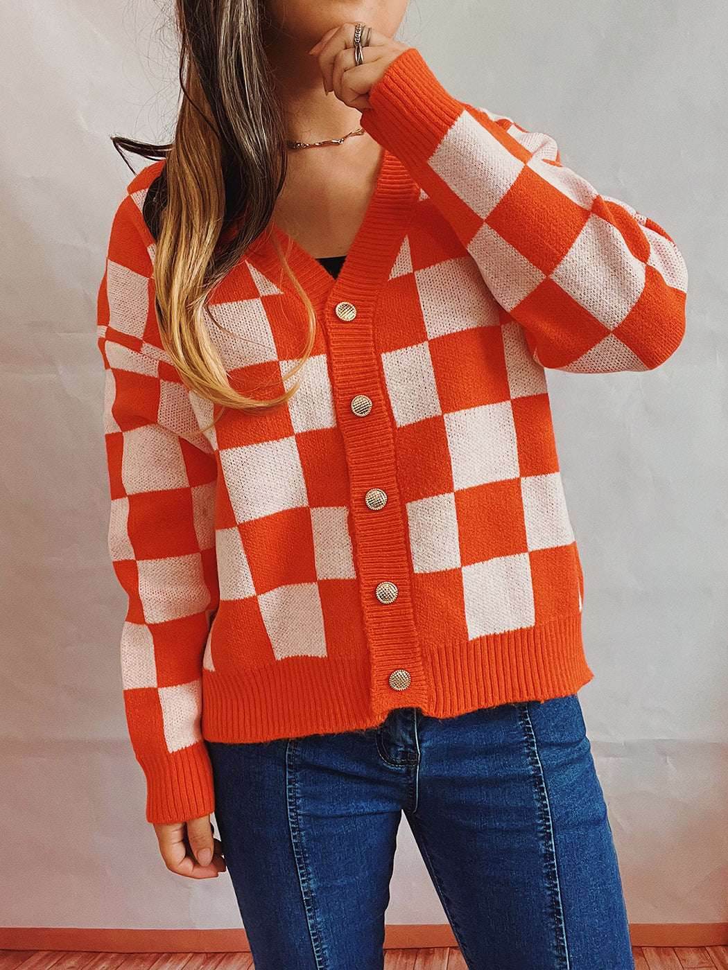 Plaid Color Block Cardigan Sweater