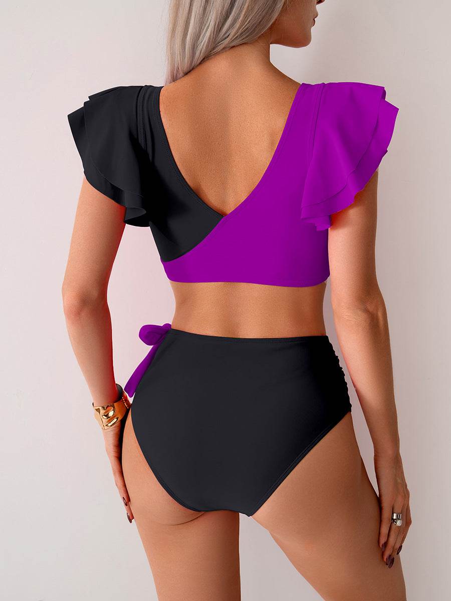 Ruffled Sleeves Color Block Bikini Sets