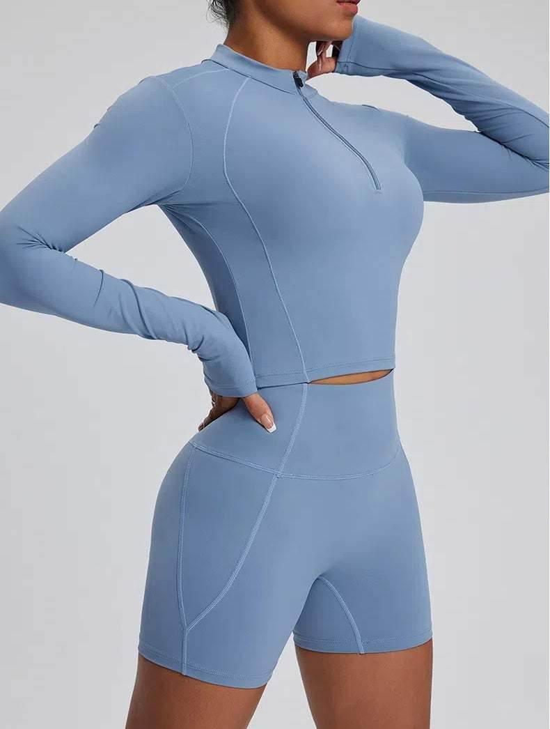 High Waist Fitness Set With Long Sleeve Shirt & Short
