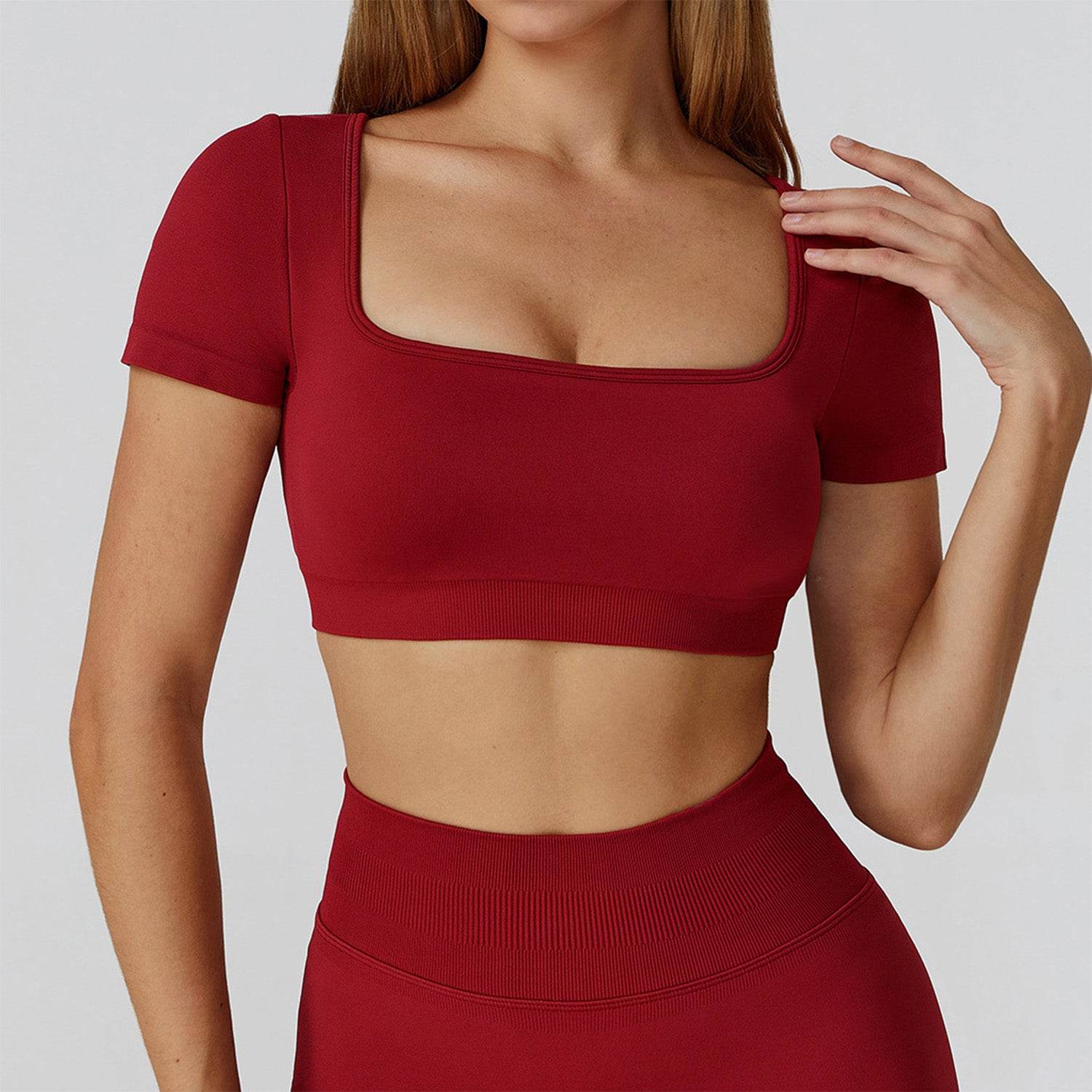 Short Sleeve Crop Top Yoga T-Shirt with Built in Bra