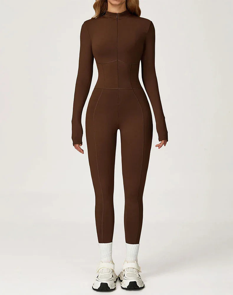 Contour Seams Workout Jumpsuit Zip Up One Piece Bodysuit -