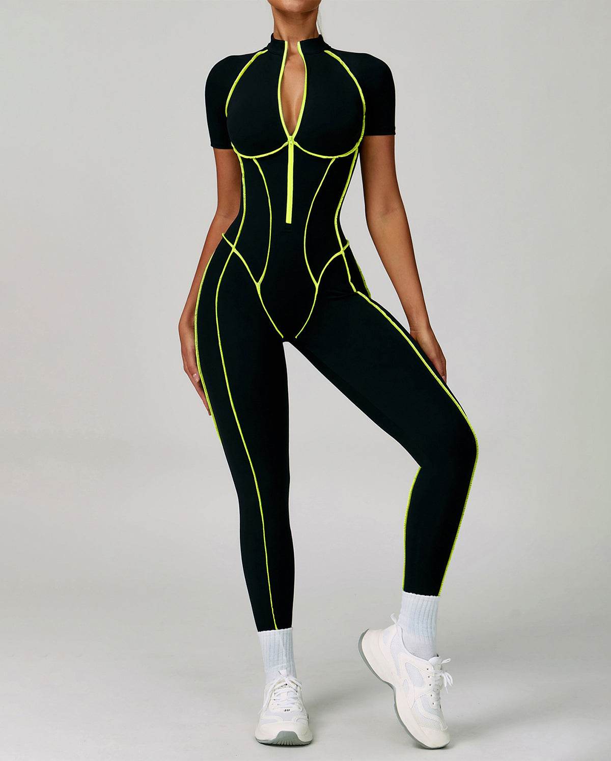 Three Dimensional Line Sports Backless Short Sleeve Jumpsuit