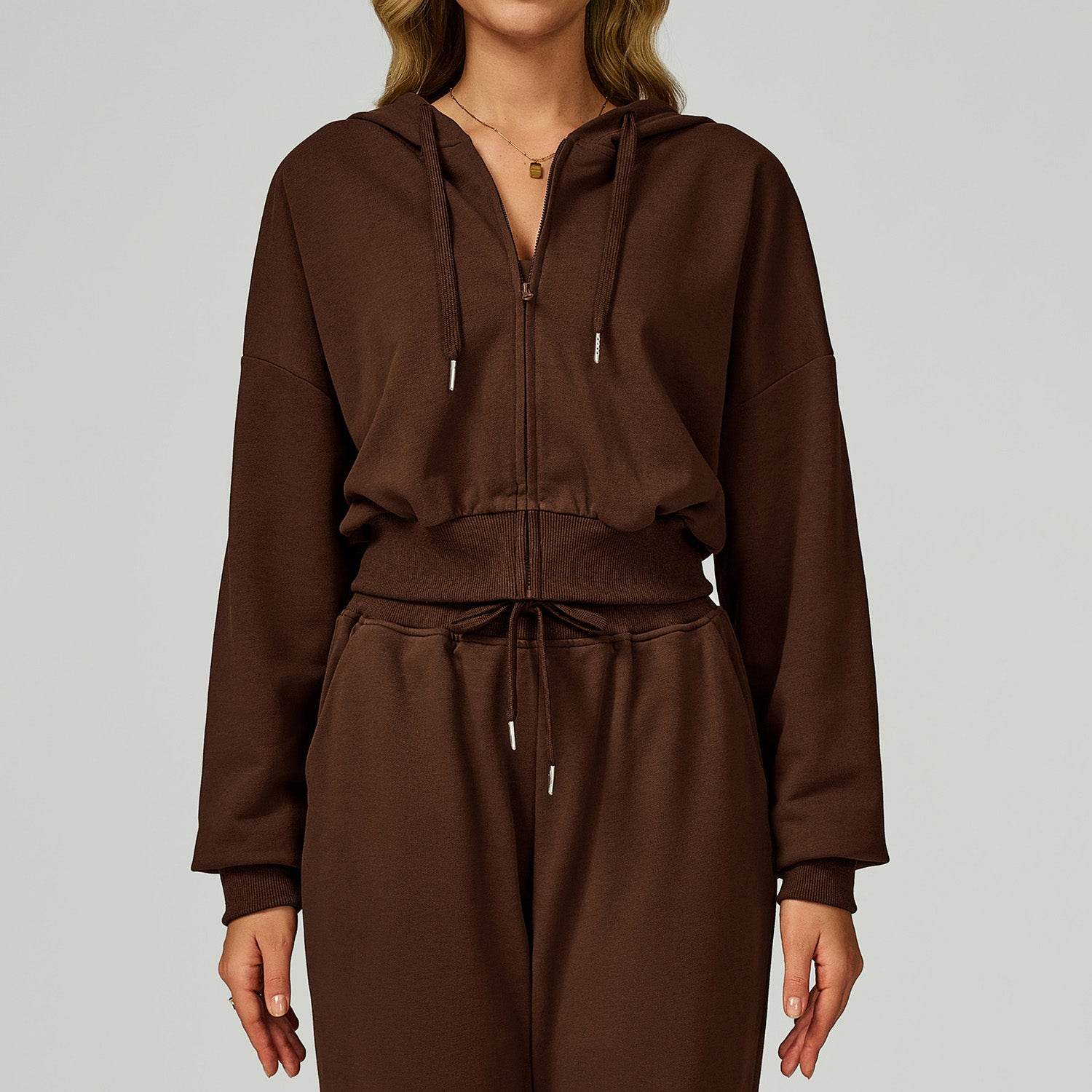 Long Sleeve Full Zip Up Crop Drawstring Hoodie Jacket