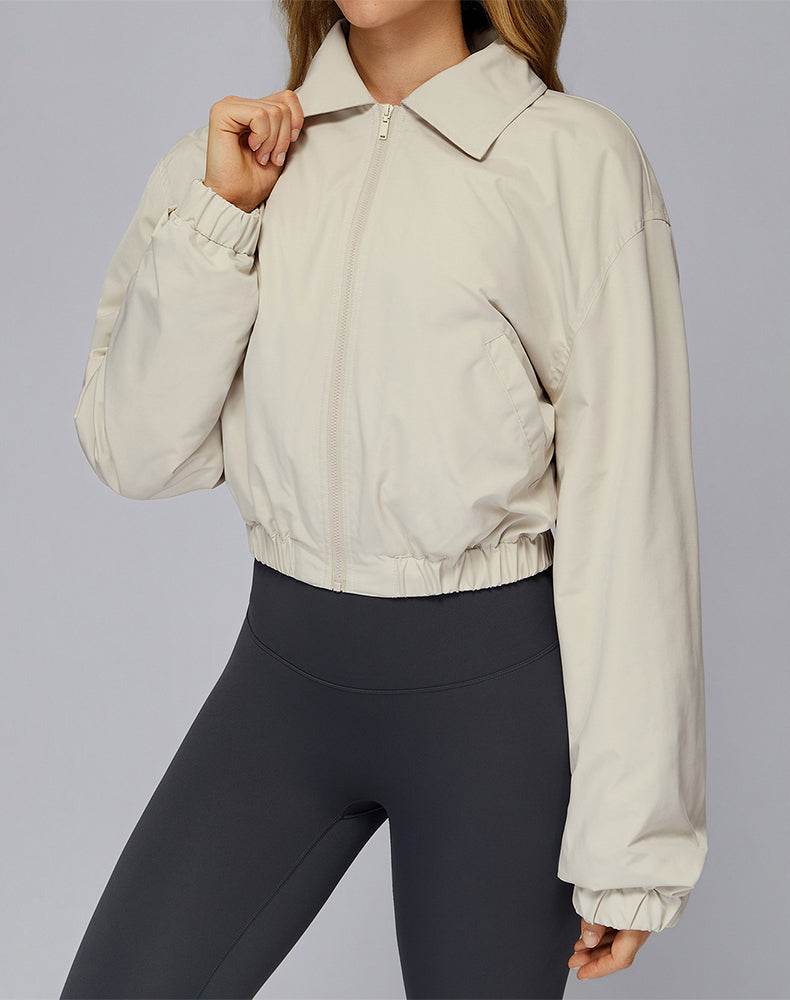 Stand Collar Casual Jacket Long Sleeve Tight Hem Crop Tops -