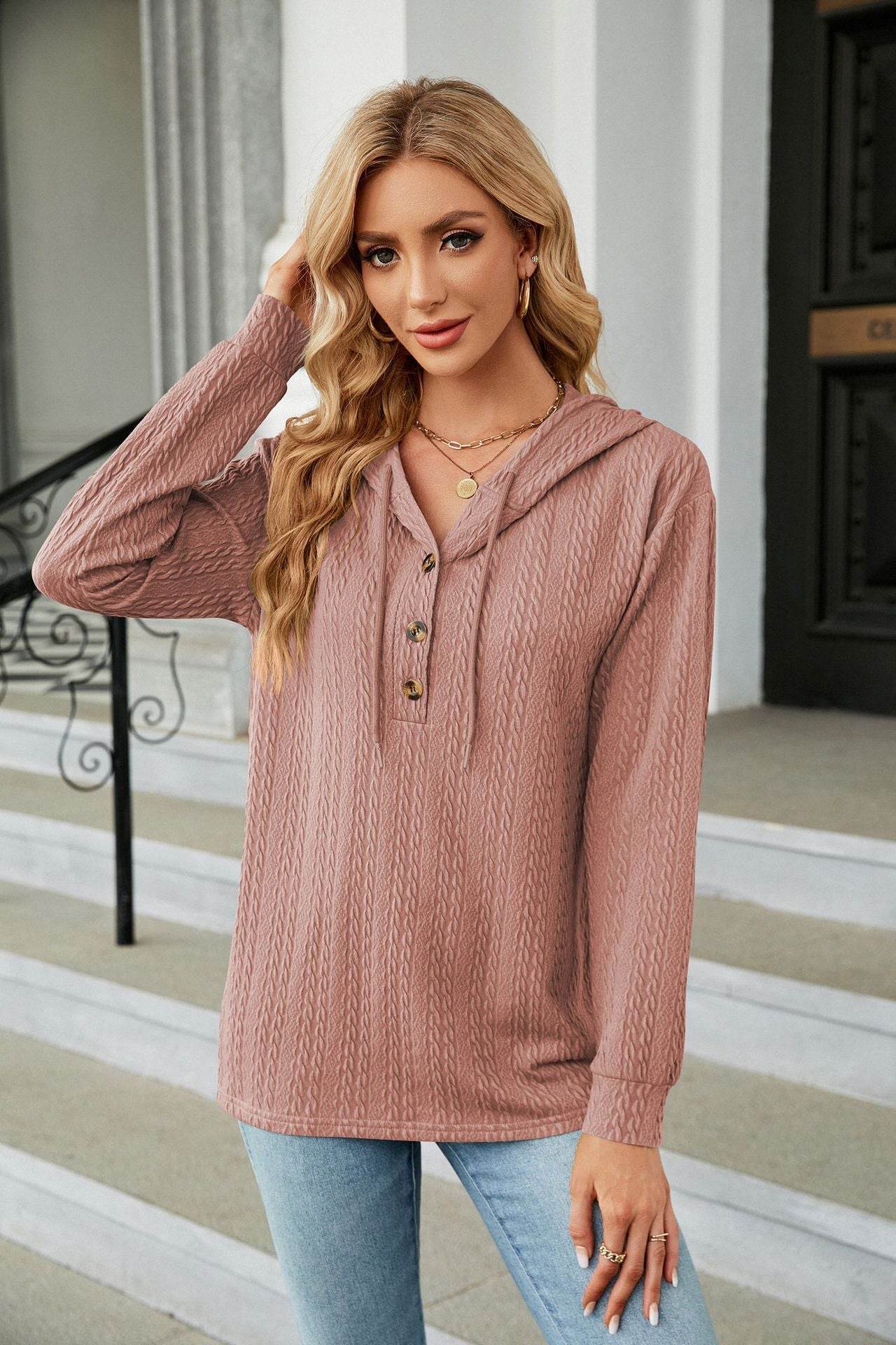 Button Hooded Sweatshirt Loose Long Sleeve Casual Tops