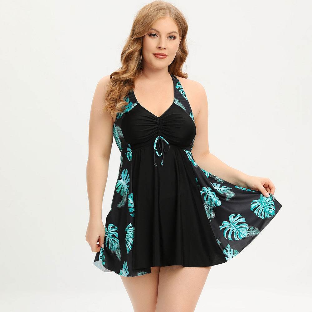 Plus Size Two Piece Wide Strap Tankini Dress with Short