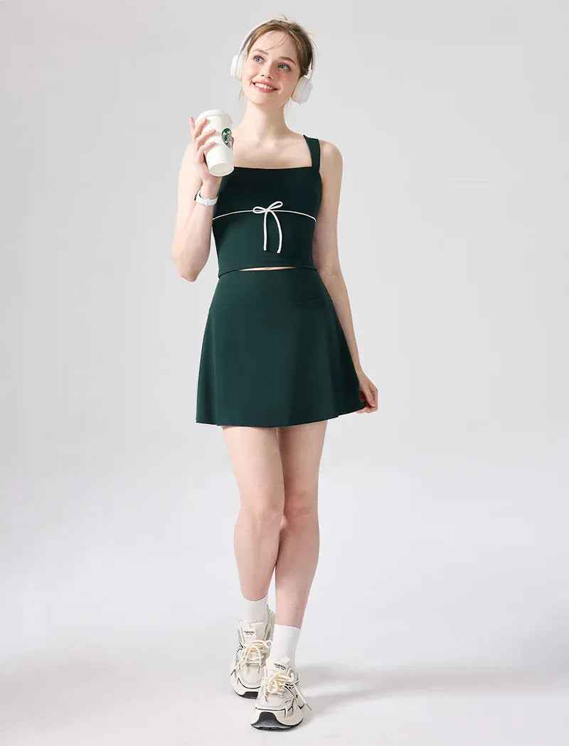Color Blocked Tennis Sets with Open Back Tank Top and Skirt - Green