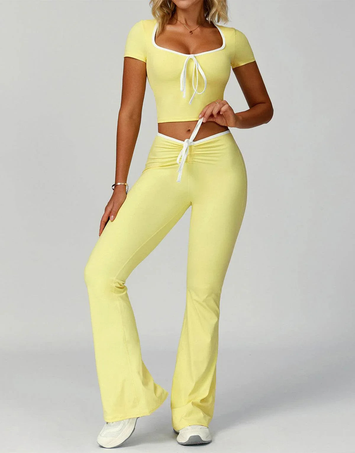 2 Pieces Activewear Set with Bow Crop Tops and Flare Pants -