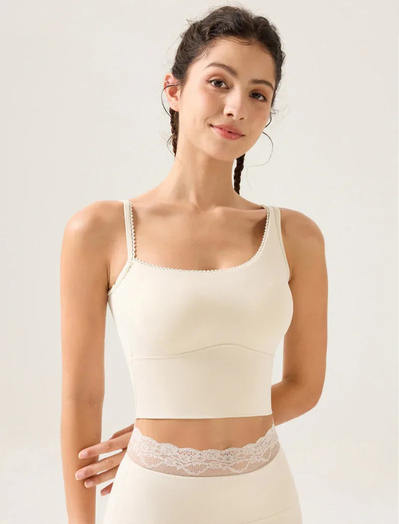 Lace Trim Tank Tops Asymmetrical Shoulder Straps Camisole - Milky White