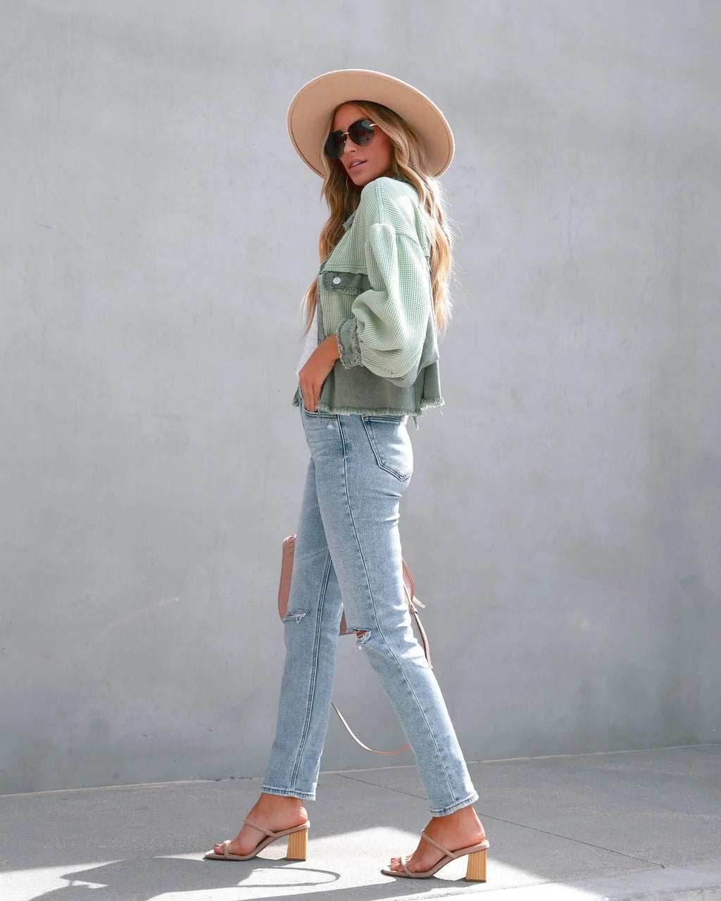 Denim Spliced Waffle Knit Cropped Jacket