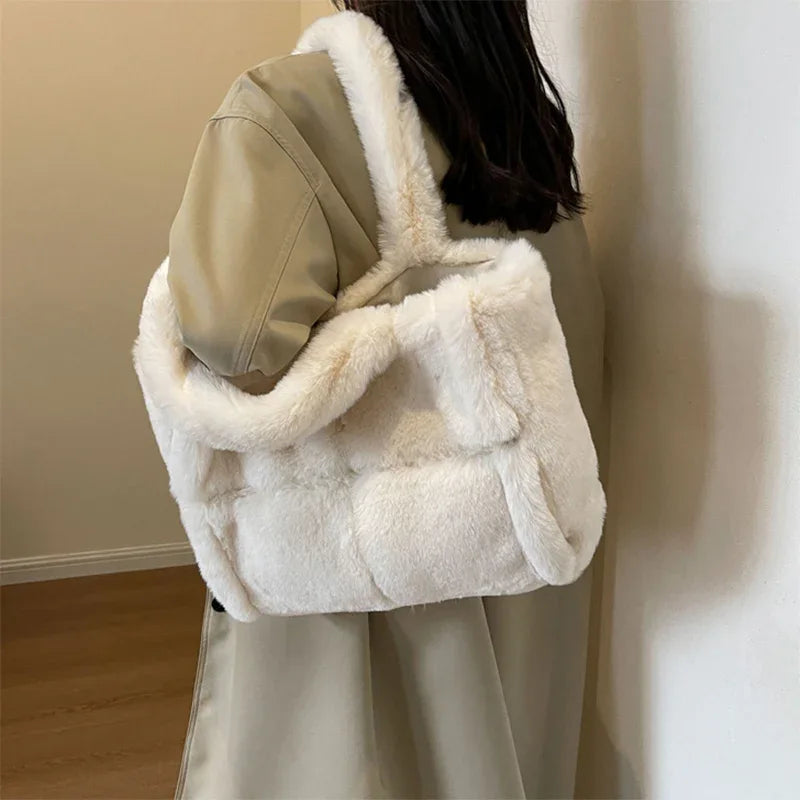 Winter Soft Plush Shoulder Handbag Bag Large Fluffy Tote Bag -