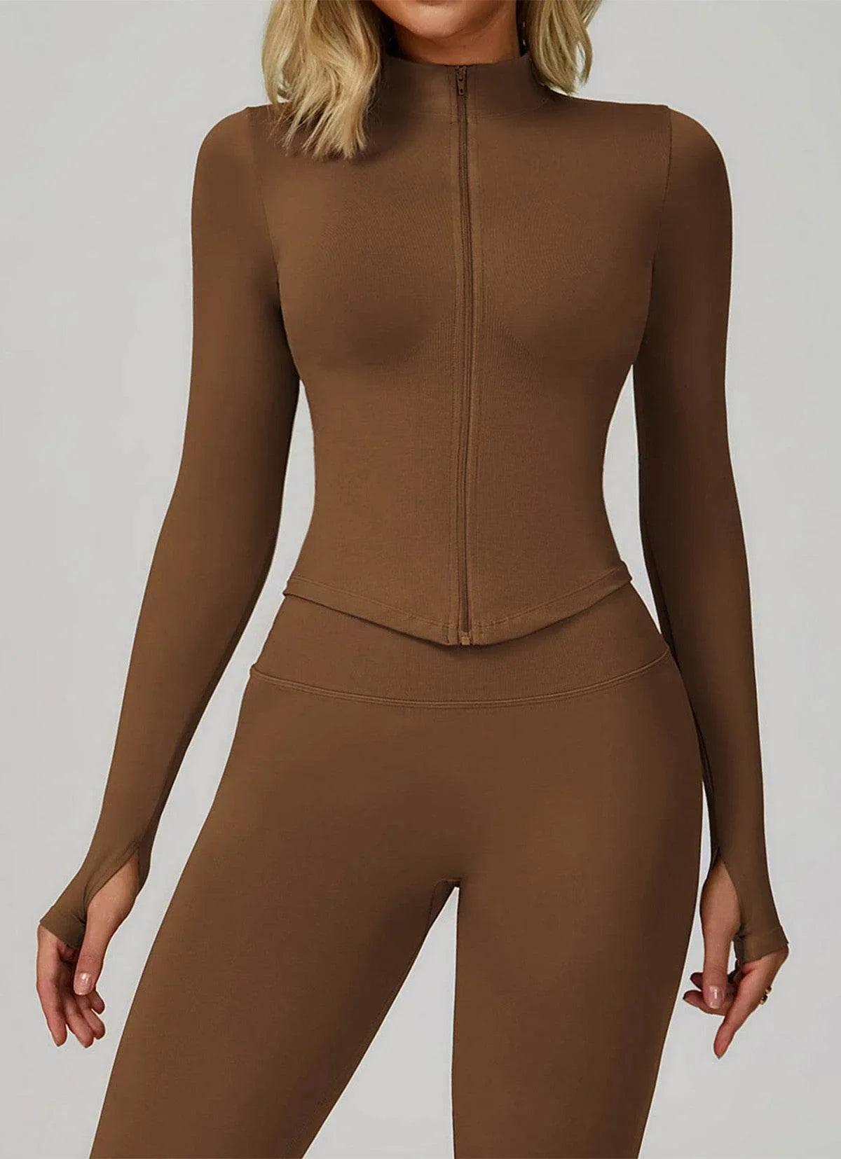 Full Zip Cropped Workout Jacket with Thumb Holes -