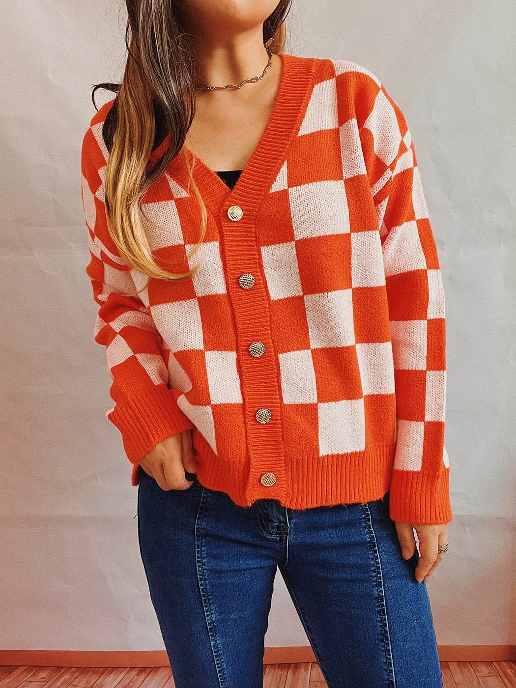 Plaid Color Block Cardigan Sweater