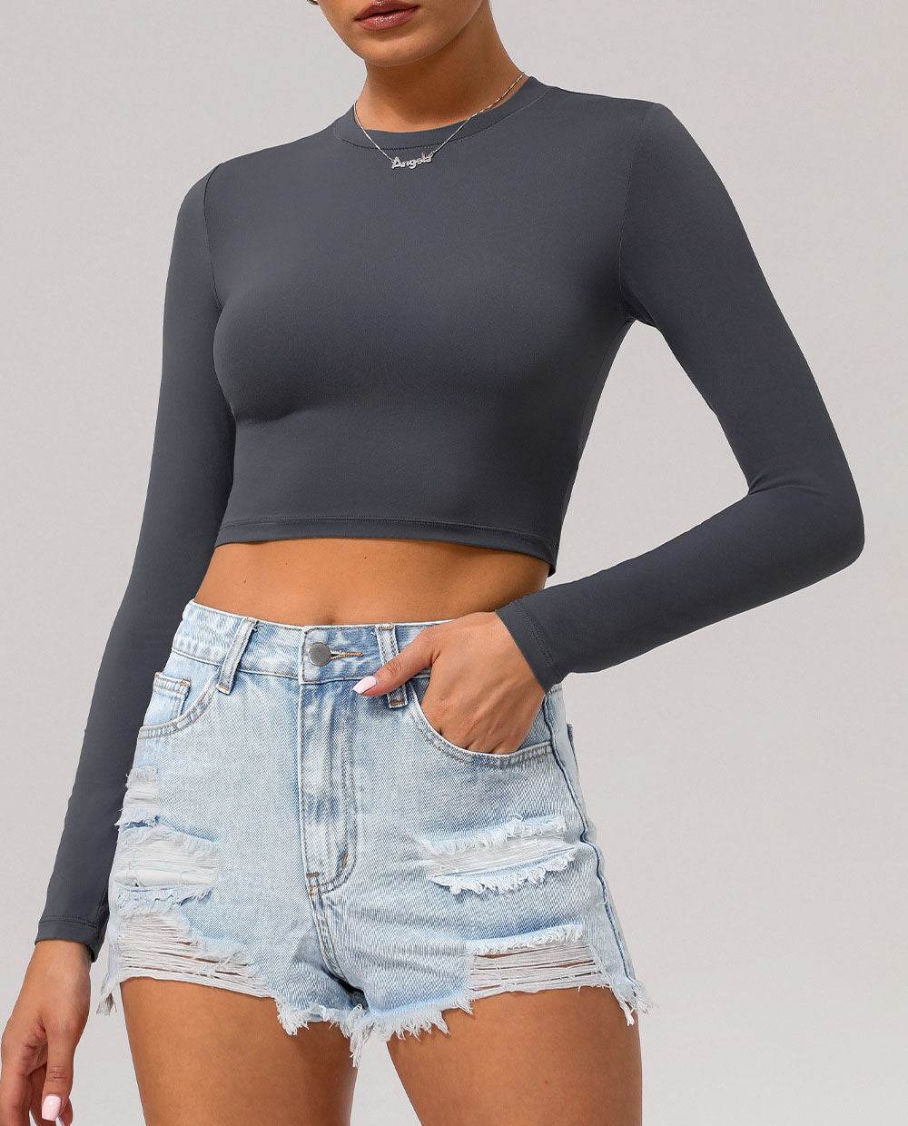 Basic Long Sleeve Fitted Crop Tee Shirt - Dark Gray
