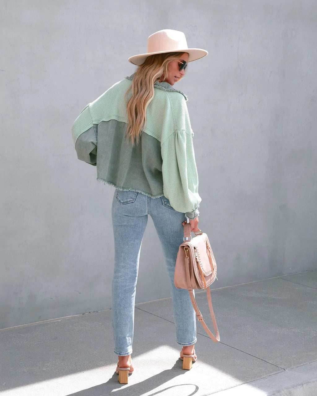 Denim Spliced Waffle Knit Cropped Jacket