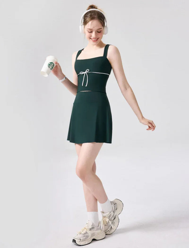 Color Blocked Tennis Sets with Open Back Tank Top and Skirt -