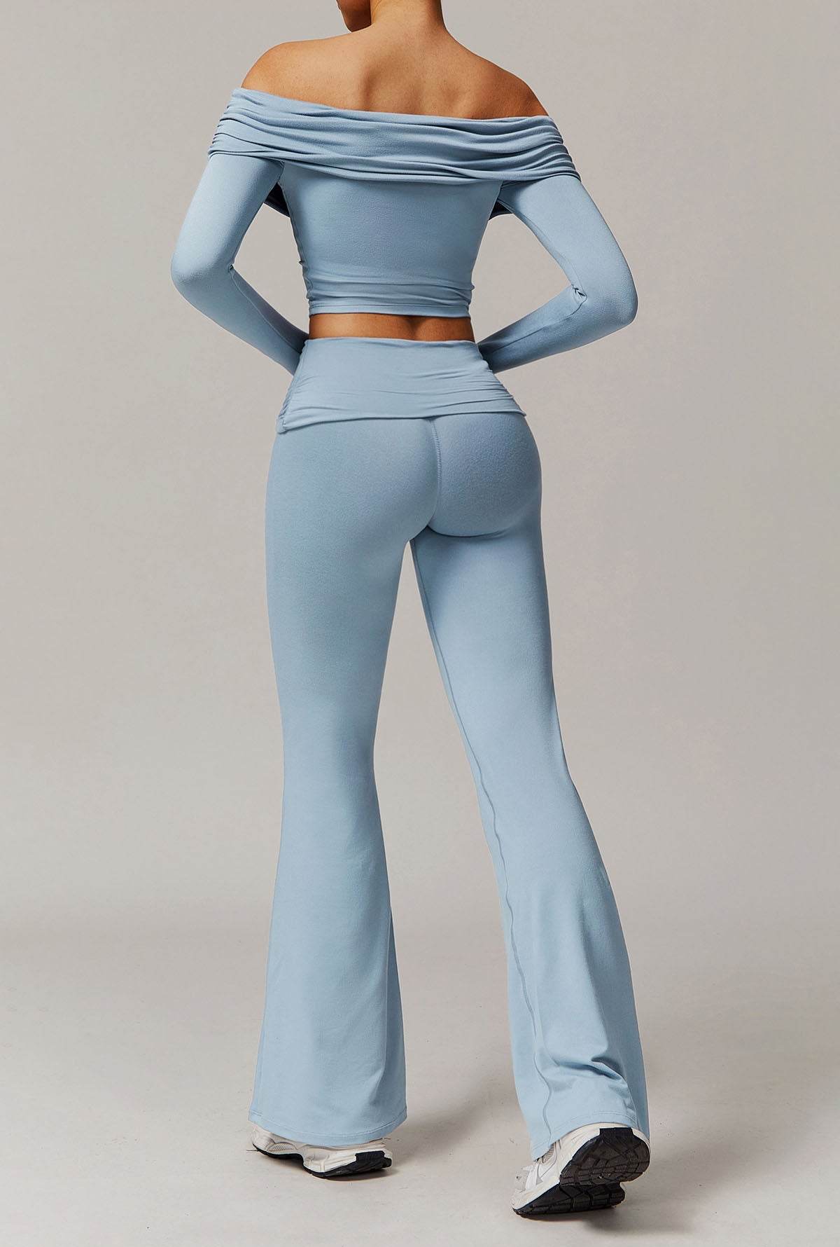 Active Wear Set with Long Sleeve Off Shoulder Crop Top and Flare Pants