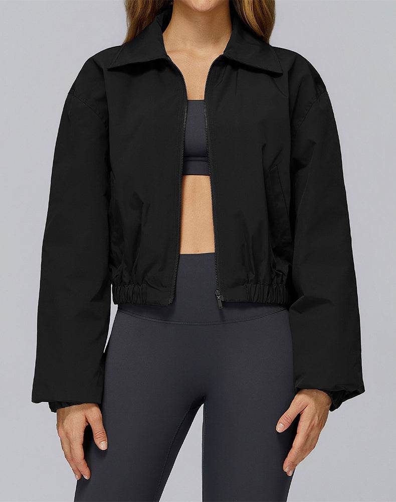 Stand Collar Casual Jacket Long Sleeve Tight Hem Crop Tops -