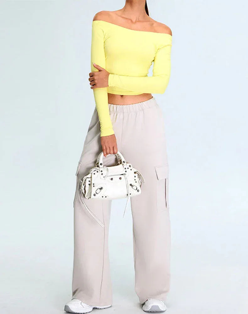 Activewear Set with Off-Shoulder Top and Sweatpant - Yellow Gray