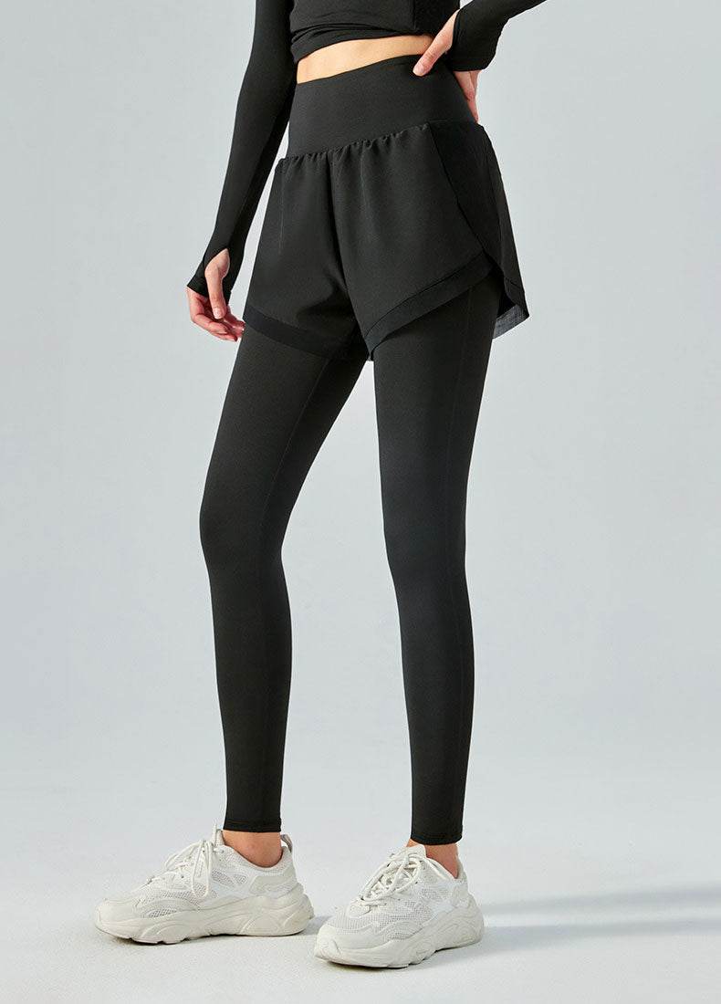 False Two Pieces Sports Leggings with Pockets Shorts