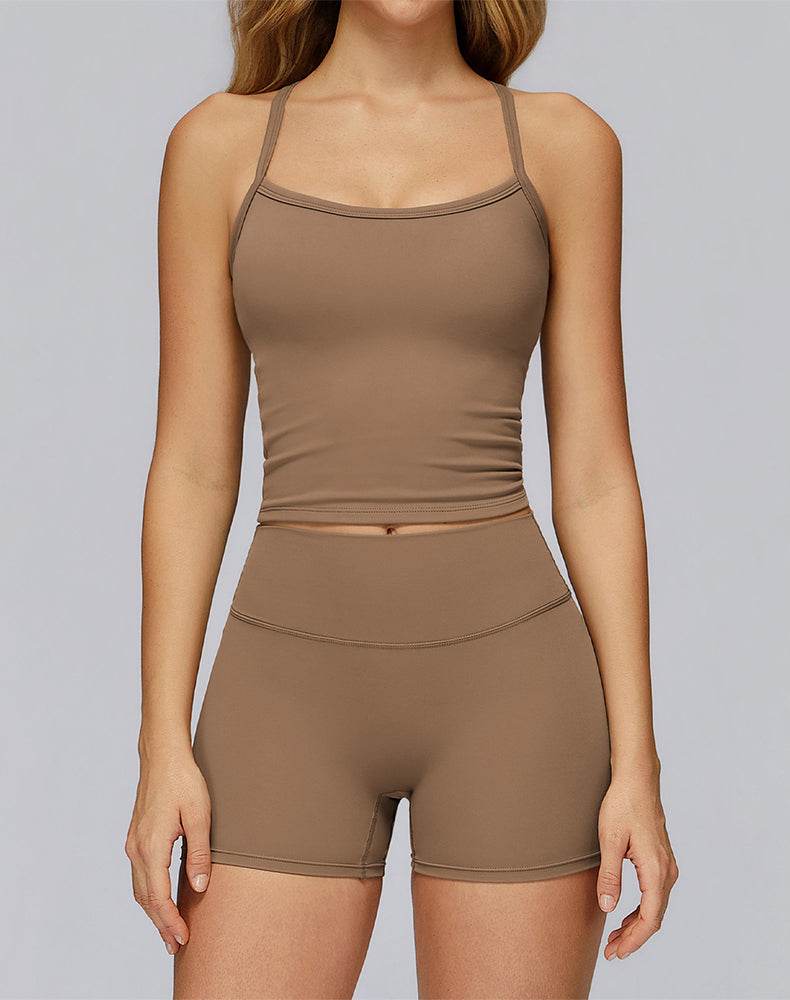 Athletic Wear with Criss Cross Back Tank Top and Short - Mocha Brown