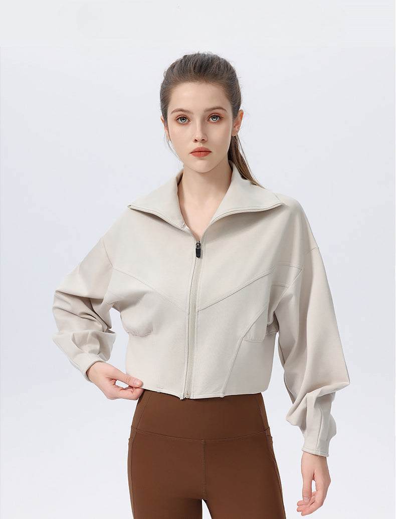 Casual Loose Sports Jacket with High Collar and Zipper