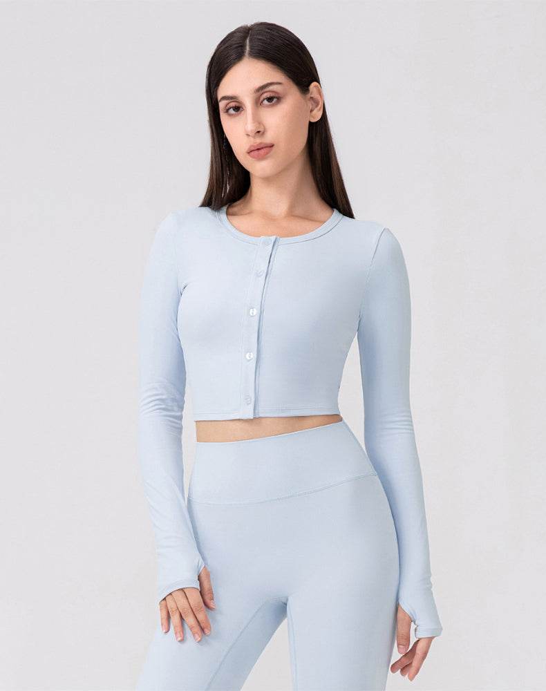 Long Sleeve Button Up Cropped Cardigan Crew Neck Tops