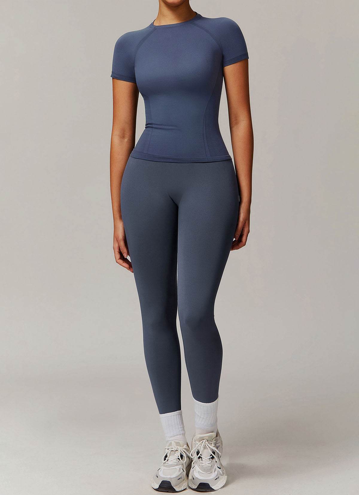 Yoga Wear Set with Short Sleeve T-Shirt and Legging - Blue Grey