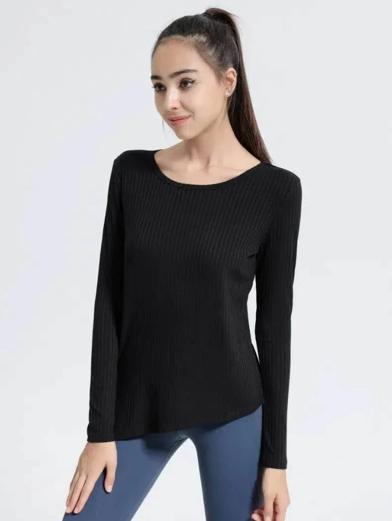 Long Sleeve Ribbed Sports T-Shirts - Black