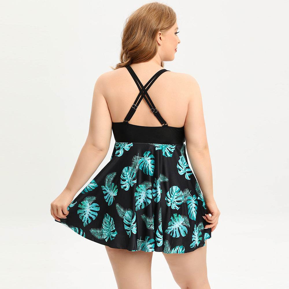 Plus Size Two Piece Wide Strap Tankini Dress with Short