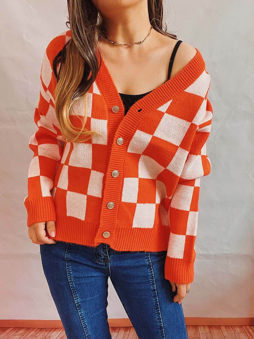 Plaid Color Block Cardigan Sweater