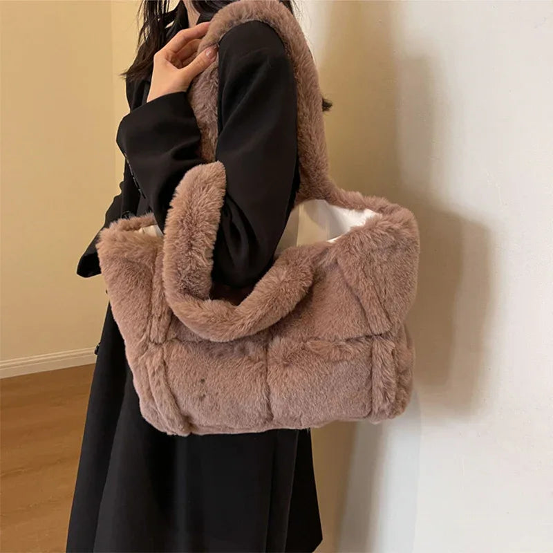 Winter Soft Plush Shoulder Handbag Bag Large Fluffy Tote Bag -