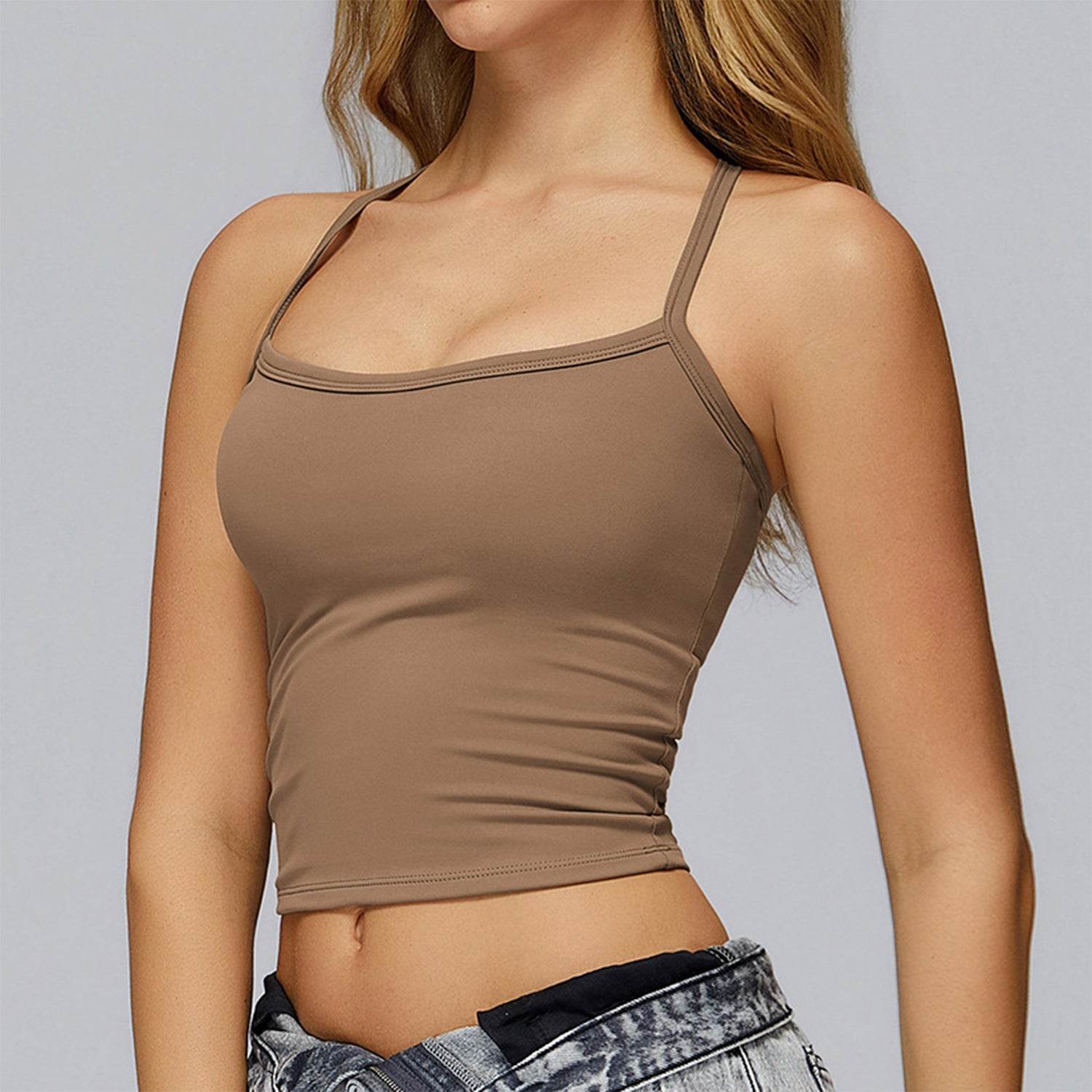 Square Neck Sports Tank Tops Criss Cross Back Longline Cami