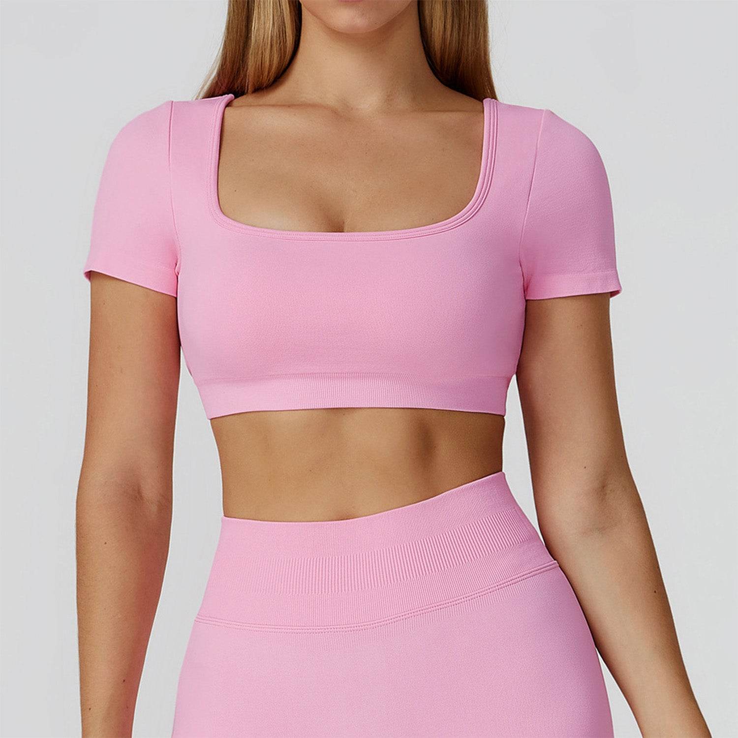 Short Sleeve Crop Top Yoga T-Shirt with Built in Bra