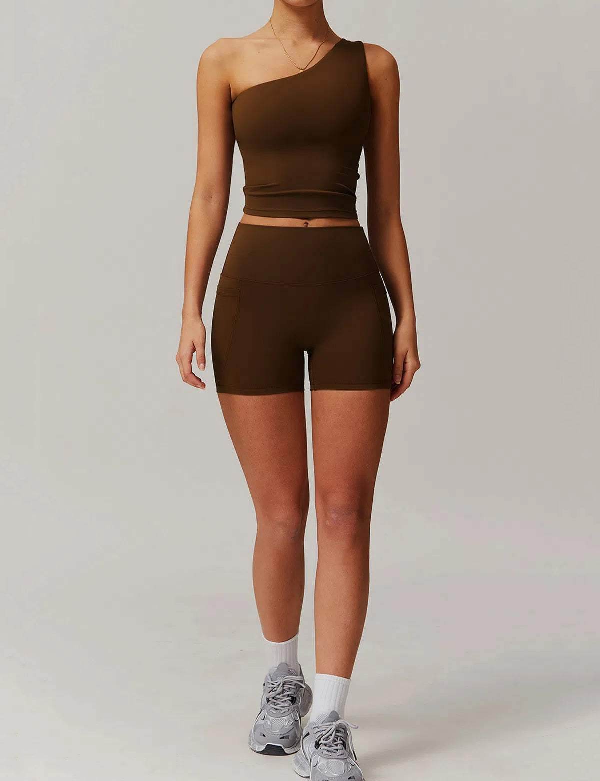Solid Yoga Set with One Shoulder Tank Top and Short