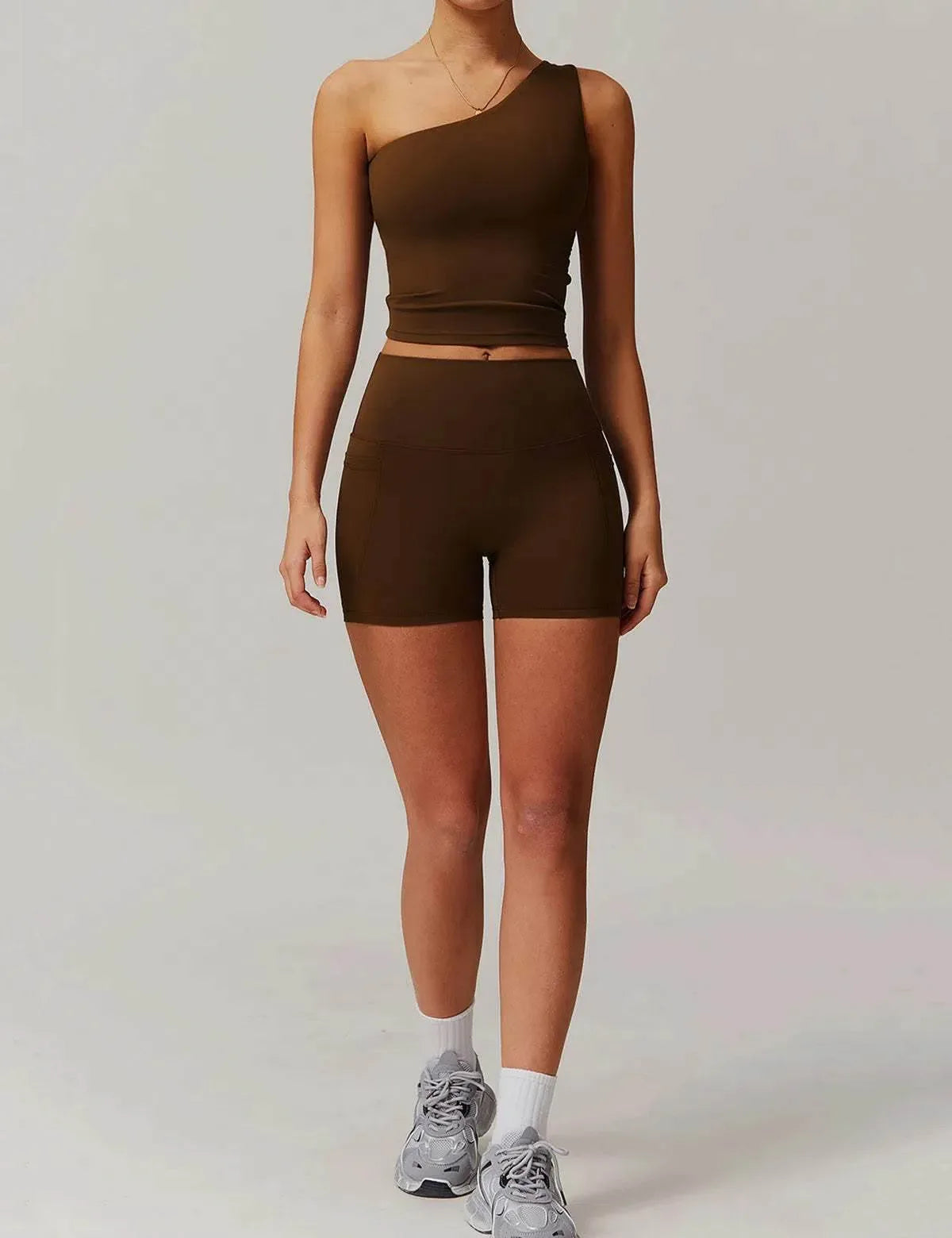 Solid Yoga Set with One Shoulder Tank Top and Short - Birch Brown