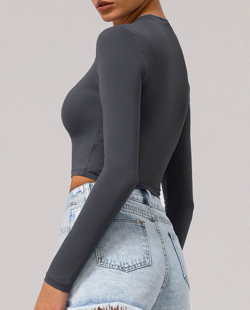 Basic Long Sleeve Fitted Crop Tee Shirt -